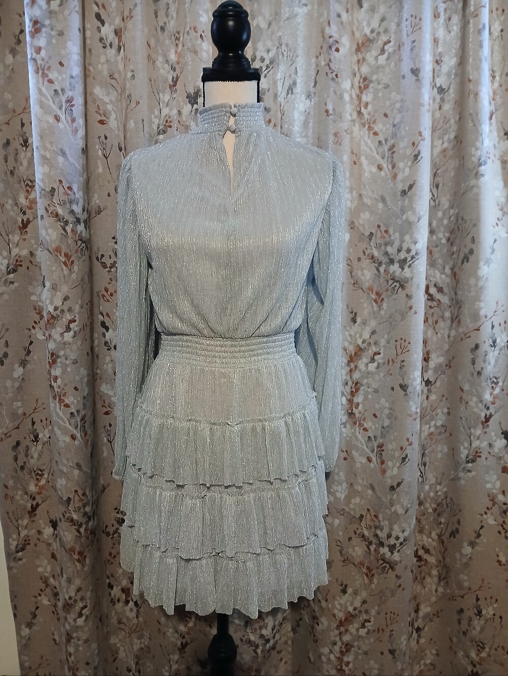 Express Silver Metallic Long-Sleeve Tiered Ruffle Mini Dress - Picture 3 of 3